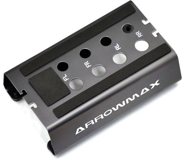 Kovový blok s otvory a logem 'ARROWMAX', označený pro díly zavěšení předních a zadních kol: FL, FR, RL, RR.