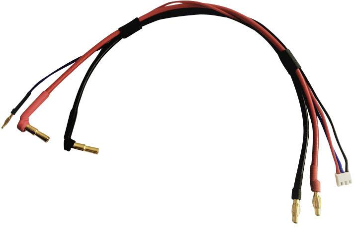 Různé elektrické kabely se zlatými konektory a barevnými vodiči na koncích, pravděpodobně určené pro akumulátorové připojení.