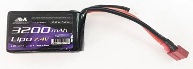 Lithium-polymerový akumulátor s nápisem '3200 mAh, Lipo 7.4V' s červenými vodiči, vhodný pro RC modely.