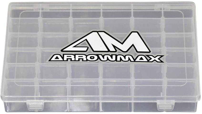 Plastový box s průhledným víkem, na kterém je logo 'AM Arrowmax'. Uvnitř jsou viditelné přihrádky. Vhodný pro uchovávání malých dílů.