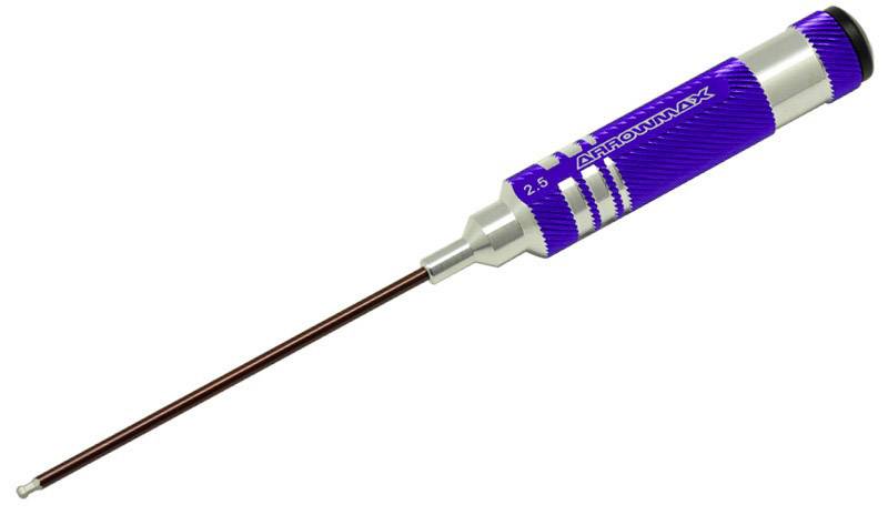 Fialový nástroj s rukojetí ze stříbrného kovu a dlouhou, tenkou špičkou. Nápis 'ARROWMAX'. Vhodný pro přesné šroubovací práce.