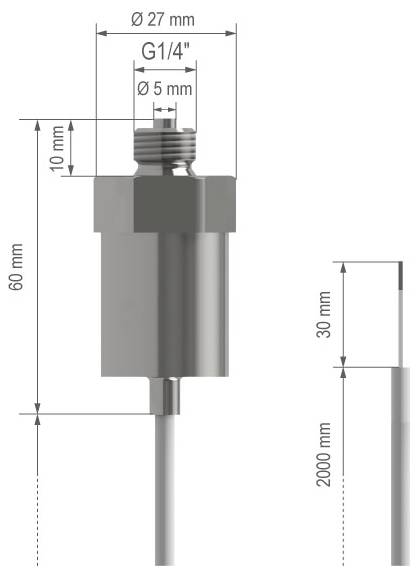 Dimensionovaný technický nákres válcového kovového senzoru nebo sondy: tělo vysoké 60 mm, průměr horní části 27 mm, závit G1/4 palce, výstup 5 mm, kabel 2000 mm, délka vývodu 30 mm.