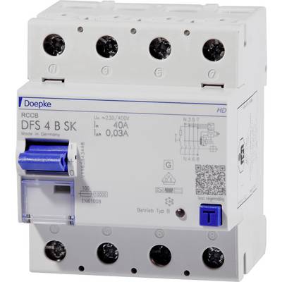 Bílý a modrý proudový chránič značky Doepke, model DFS 4 B SK, pro 230/400V, s jmenovitým proudem 0,4A a reziduálním proudem 0,03A.