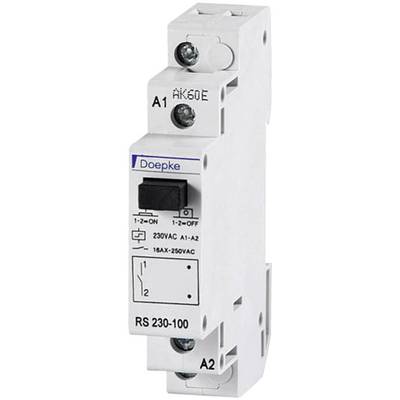 Elektronické relé od Doepke s popisy svorek A1 a A2, vhodné pro aplikace 230V AC a 18AX-250VAC.