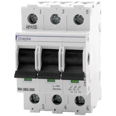Třípólový výkonový spínač značky Doepke, model RH 063-300, vhodný pro 240/415V a 63A, s kontrolními spínači.