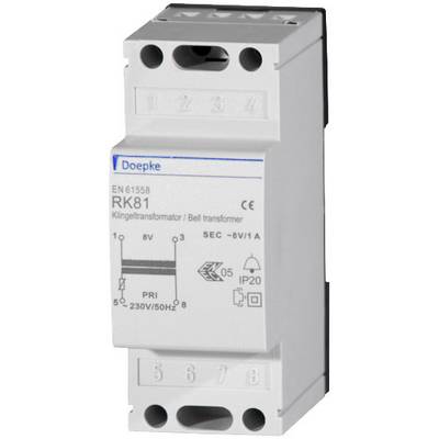 Zvonek transformátor označený 'Doepke RK81', vhodný pro vstup 230V a výstup 8V, zobrazený v bílém pouzdře.