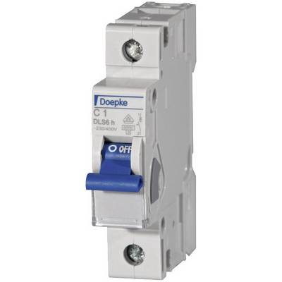 Jistič Doepke C1 DLS6 h 230/400V, šedo-bílý, s modrým vypínačem v poloze vypnuto.