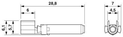 Technický výkres konektoru s rozměry: celková délka 28,8 mm, průměr 6,1 mm, připojení dlouhé 6 mm, široké 4,5 mm.