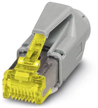 Šedý konektor RJ45 se žlutou zajišťovací západkou, určený pro použití v síťových kabelech pro ethernetové připojení v síťových instalacích.