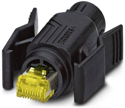 Černý síťový adaptér s žlutým konektorem RJ45 používaný pro ethernetové připojení, umístěný na neutrálním pozadí.