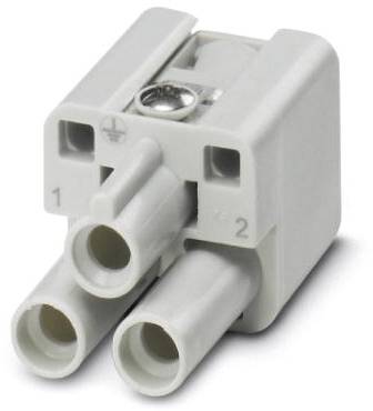 Třípólový konektor se šroubovým upevněním, šedý, pro elektrické spoje, se dvěma označenými svorkami.