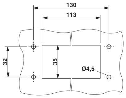 Technický výkres obdélníkového otvoru s rozměry: šířka 130 mm, výška 35 mm. Montážní otvory v rozích o průměru 4,5 mm.