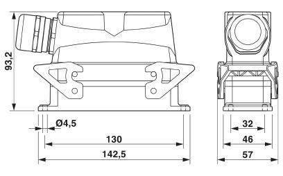 Technický výkres mechanické komponenty s rozměry: výška 93,2 mm, šířka 142,5 mm, hloubka 46 mm. Montážní otvory Ø4,5 mm.