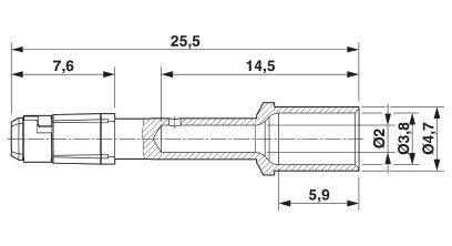 Technický výkres válcové součásti s rozměry v milimetrech: celková délka 25,5; několik úseků s konkrétními průměry a délkami.