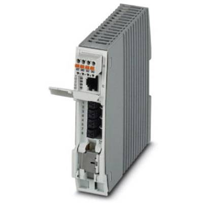 Průmyslový řídicí modul s několika možnostmi připojení, včetně oranžových svorek a ethernetového rozhraní na přední straně.