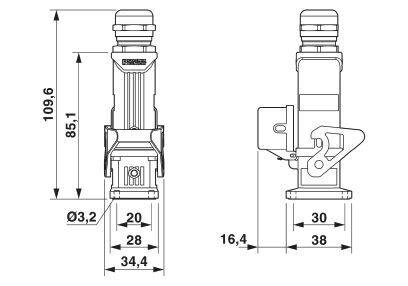 Technický výkres zástrčky s rozměry. Výška 109,6 mm, průměr 3,2 mm a další detaily týkající se šířky a hloubky.