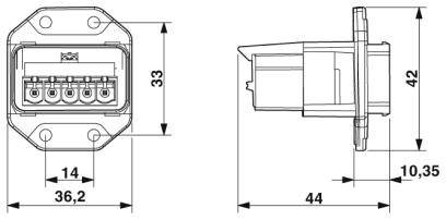 Diagram elektrického konektoru s pohledem z boku a zepředu. Rozměry jsou uvedeny v milimetrech na různých místech.