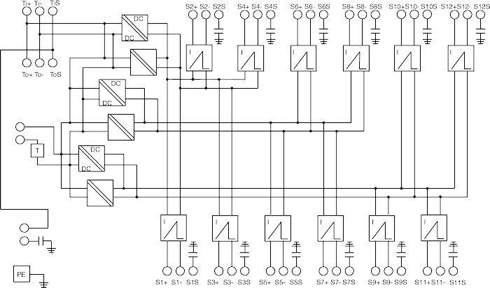 Elektrický schéma s stykači, relé a senzory, zobrazuje propojovací linky mezi různými elektrickými komponenty.