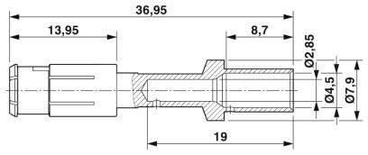 Technický výkres válcové součásti s rozměry: délka 36,95 mm, průměr 2,85 mm a 7,9 mm v různých místech.