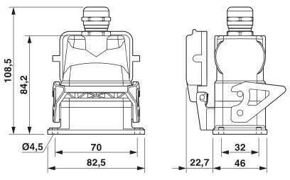 Technický výkres mechanické komponenty s rozměry v milimetrech. Hlavní rozměry: výška 108,5 mm, šířka 82,5 mm.
