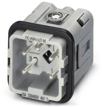 Průmyslová zástrčka se čtyřmi kolíky, šedé pouzdro, pro 10A a 230/400V, modelové číslo 'HC-A04-UT-M'. Vhodná pro průmyslové aplikace.