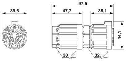 Technický výkres zástrčky s rozměry: délka 97,5 mm, průměr 39,6 mm vpředu, 44,1 mm vzadu; klíčové velikosti 30 a 32 mm.