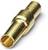Zlatem pokovený válcový konektor s otvorem na jednom konci, vhodný pro elektronické připojení.