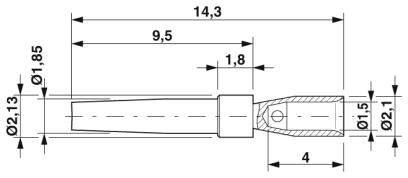 Technický výkres válcové součástky s rozměry: celková délka 14,3 mm, průměr 2,13 mm na špičce, 1,5 mm na konci.