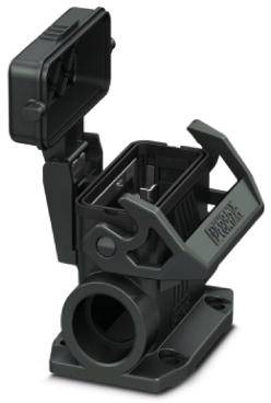Černý plastový kryt s otevíratelným víkem a mechanismem pro zasunutí kabelu.