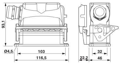 Technický výkres mechanické součásti s rozměry: výška 93,1 mm, šířka 116,5 mm. Detailní boční a čelní pohled.