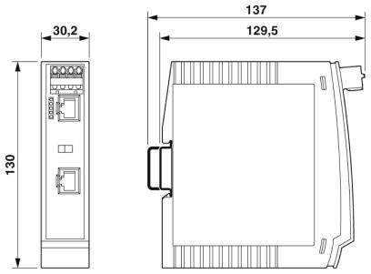 Technický výkres zařízení s rozměry 137x130x30,2 mm. Pohled zepředu a z boku s připojovacími body a tvarem pouzdra.