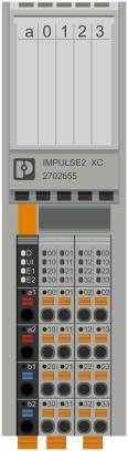 Elektrický terminálový modul s označeními 'IMPULSE2 XC' a identifikačním číslem 2702656. Zobrazuje různé přípojky a kontrolky.