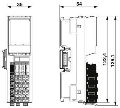 Technický výkres elektronického zařízení s rozměry: šířka 35 mm, výška 126,1-126,4 mm, hloubka 54 mm.