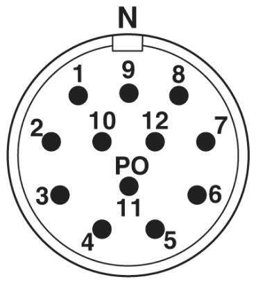 Rozmístění kontaktů 12-pólového konektoru s očíslovanými kontaktními body a značkou 'N' nahoře.
