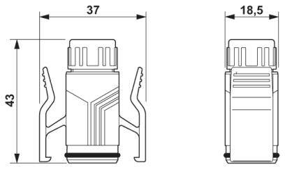 Technický výkres konektoru s rozměry 43 mm výška, 37 mm šířka a 18,5 mm hloubka, boční pohled.