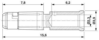 Technický výkres válcového konektoru s rozměry: 7,8 mm, 6,2 mm, 15,6 mm délka; průměr 2,3 mm a 3,9 mm.