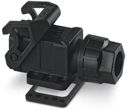 Černá mechanická součástka s kulatým vroubkovaným koncem a sklopnou pákou.
