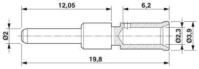 Technický výkres zástrčky s rozměry: délka 19,8 mm, průměr 2 mm, 6,2 mm za zúžením, 3,9 mm na konci.