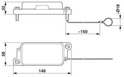 Technický výkres senzoru s rozměry: Výška 32 mm, šířka 58 mm, délka 146 mm. Průměr kabelu 18 mm, délka kabelu 150 mm.