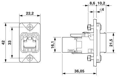 Nákres ethernetové zásuvky s rozměry: šířka 22,2 mm, výška 42 mm a hloubka 36,05 mm. Zobrazeny detaily připojení.
