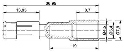 Technický výkres válcového objektu s rozměry: délka 36,95 mm, 13,95 mm, průměr 8,7 mm. Příčný řez, detailní rozměry.