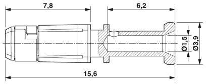 Technický výkres válcového konektoru s rozměry: celková délka 15,6 mm, průměr 3,9 mm, připojení 6,2 mm.