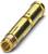 Zlatý konektor válcovitého tvaru s několika drážkami a otevřeným koncem, používaný pro elektrické připojení.