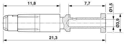 Technický výkres zástrčky s rozměry: celková délka 21,3 mm, přední část 11,8 mm, zadní část 7,7 mm, průměr vpředu 1,5 mm, průměr vzadu 3,9 mm.
