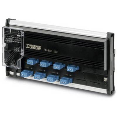 Elektrická rozvodná lišta od Phoenix Contact, model FB-8SP ISO, s několika modrými připojovacími svorkami a černým pouzdrem.