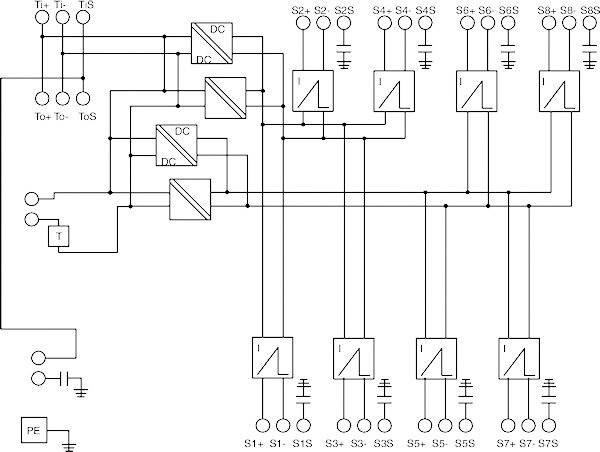 Schéma elektrického řízení s několika propojovacími linkami, spínači a transformátory. Zobrazuje cesty elektrického proudu a umístění komponent.