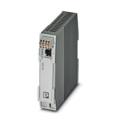 Šedý elektronický modul s připojovacími svorkami a konektory vpředu. Vhodný pro technické nebo průmyslové aplikace.