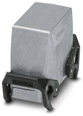 Kovový díl s černým upevňovacím mechanismem, obdélníkový tvar. Pravděpodobně elektrická zástrčka nebo kryt.