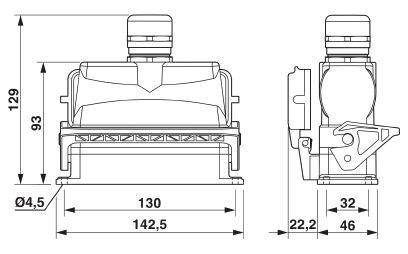 Technický výkres elektrické komponenty s rozměry: šířka 142,5 mm, výška 129 mm, různé boční prvky.