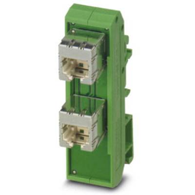 Zelený modulární síťový konektor se dvěma kovovými ethernetovými zásuvkami, umístěnými svisle nad sebou.